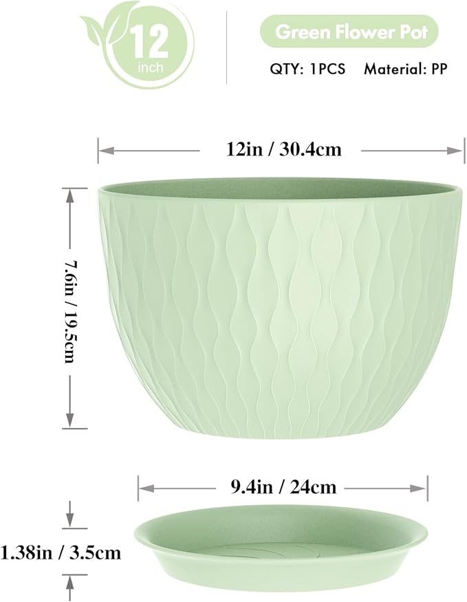 12 Inch Large Plant Pots for Indoor or Outdoor Plants, Wide Water Ripples Flower Pots with Drainage Holes & Saucer, Plastic Planters Set for Garden & Home Decor (Green)