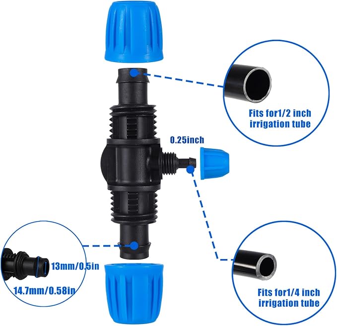 10 Pcs Barbed Tee 1/2 inch Tubing (1/2" ID x0.6-0.63" OD) 16mm to 1/4 inch Irrigation Tube Anti-Drop Quality Fitting (3-Way Lock Buckle Blue)
