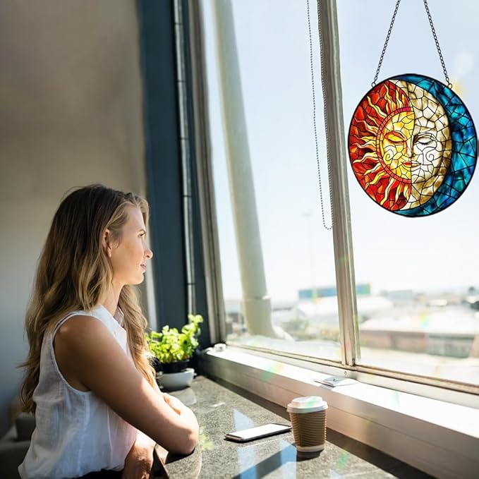 Sun and Moon Stained Glass Suncatchers for Windows Hanging - Celestial Decor Sun Catchers Valentines Day Gifts for Him Her - Handmade Wall Art Home Garden Stain Glass Window Suncatcher with Hooks