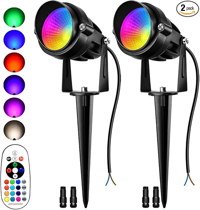 RGBW Low Voltage Landscape Lights, 16 Color Changing Outdoor Landscape Lighting with Remote Control IP67 Waterproof 12V 24V Landscape Spotlights for Garden Pathway Yard Christmas (2 Pack)