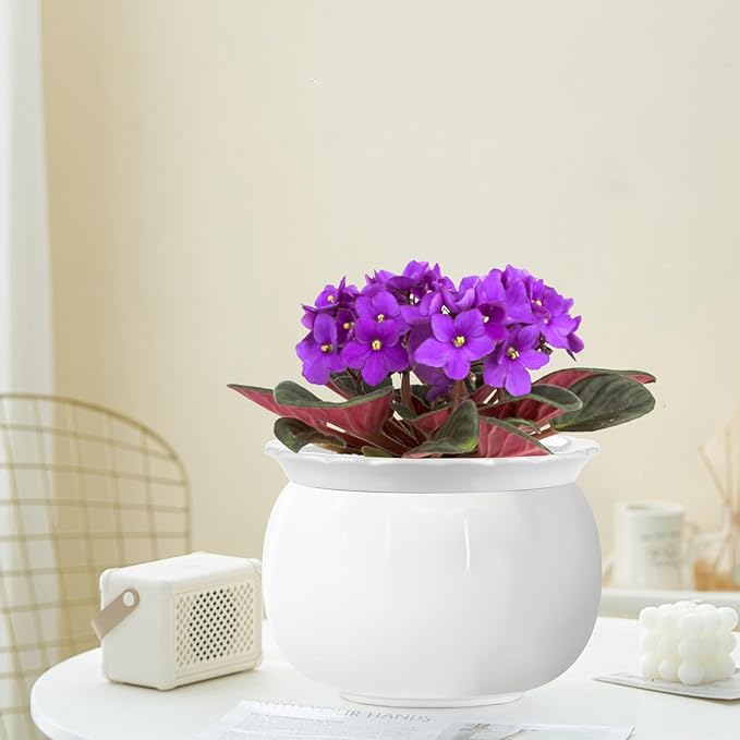 African Violet Pots, 8 Inch Self Watering Pots, Easy Plant Self Watering Pot, Ceramic Plant Pot with Absorbent Inner Pot for Flowers, Flower Pot Indoor - White