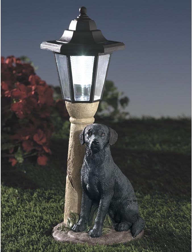 Bits and Pieces-Solar Black Lab Lantern-Solar Powered Garden Lantern - Resin Dog Sculpture with LED Light
