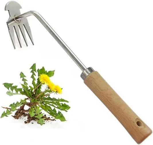 Weed Removal Tool, 2025 New Garden Weeding Tools Manganese Steel Hand Weeder Tool with Handle, 4 Teethes Dual Purpose Manual Weeders Tool Weed Pulling Tool for Garden (Wooden Handle)