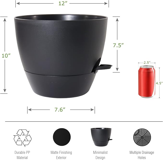 12 inch Large Self Watering Pots, Plastic Planters with 60oZ Removable Deep Reservoir and Multi Mesh Drainage Holes for Indoor Outdoor Garden Plants and Flowers, Black