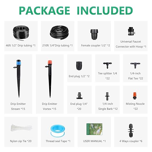 265 FT Drip Irrigation System Kit, 163pc Automatic Garden Watering Misting System for Greenhouse, Yard, Lawn, Plant