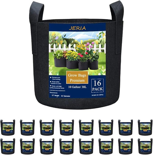 JERIA 16-Pack 10 Gallon Grow Bags, Heavy Duty Thickened Nonwoven Fabric Pots Container with Reinforced Handles, Vegetable/Flower/Plant Grow Pots Come with 16 Pcs Plant Labels