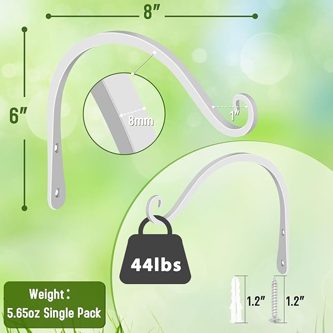 FEED GARDEN Iron Wall Hooks Decorative Metal Curved Plant Hanger Hooks, Indoor/Outdoor Use for Hanging Bird Feeders, Wind Chimes, Flower Baskets, Yoga Mat, (White, 8 Inch 2 Pack)