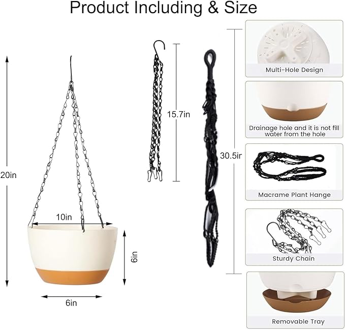 Hanging Planters for Indoor Plants (10 Inch, 2 Pack) Hanging Flower Pots Self Watering, Hanging Planter with Drainage Hole & 2 Kinds of Plant Hangers, Garden Home Decor (Black)