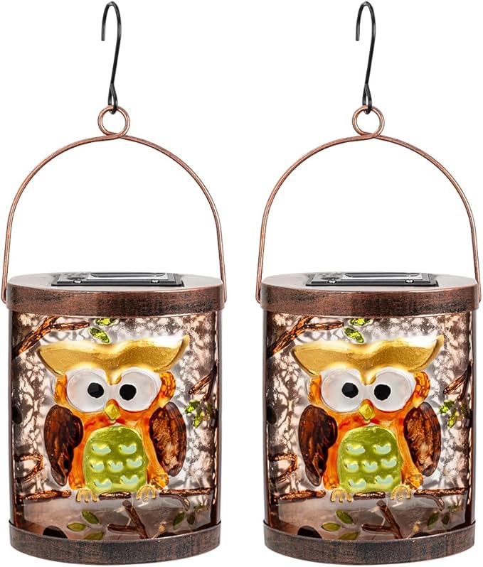 2 Pack Owl Solar Lanterns Outdoor Waterproof, Hanging Glass Solar Lantern with LED Light for Garden Yard