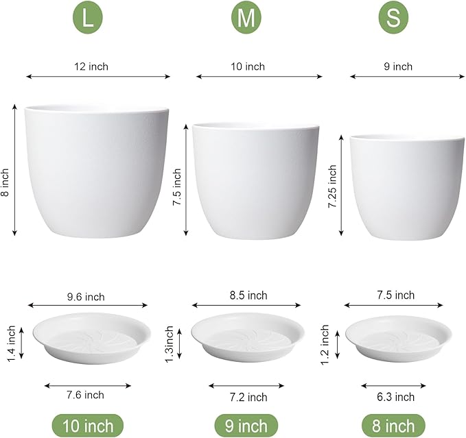 12/10/9 Large Modern Plant Pots, Plastic Planters with Drainage Holes and Saucers for Indoor Outdoor Plants Flowers, White