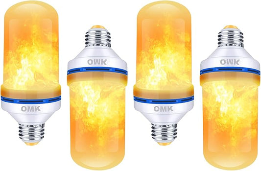 OMK 4 Pack Flickering Light Bulbs Christmas Decorations Sunlight LED Flame Effect Light Bulbs 4 Modes Fire Flickering Light Bulbs for Party Indoor Outdoor Decor Holiday Gifts