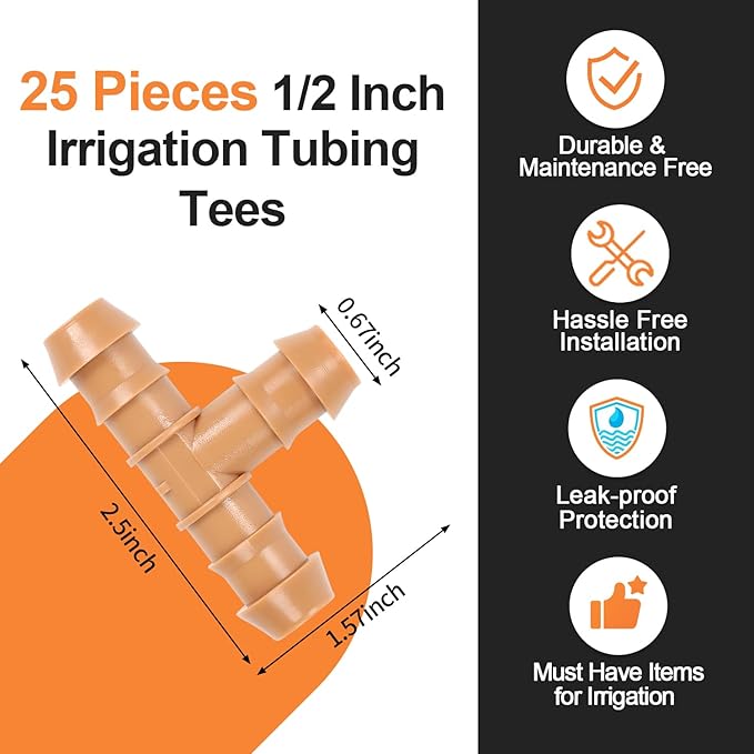 1/2'' Drip Irrigation Tee Fittings, 25 Pieces 1/2'' Drip Line Barbed Tee Connectors Irrigation 3-Way T Parts for 5/8", 1/2", .700" Drip Tubing for Garden Drip Sprinkler Systems
