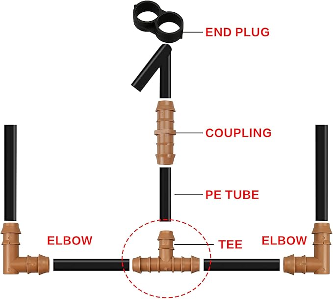 JAYEE 25 Pack Drip Irrigation Barbed Tee Fittings (17mm) for 1/2" Drip Hose(0.600”ID) ，Sprinkler Tubing Connector for Drip System