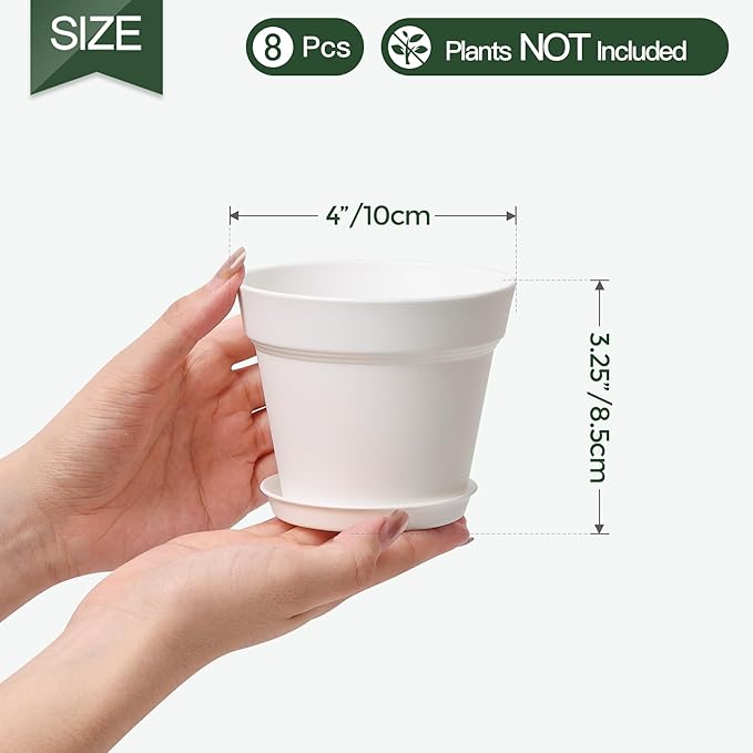 T4U 4 Inch Plant Pots 18-Pack - Small Plastic Planter with Drainage Hole and Saucer, Decorative Nursery Flower Pot Bulk for African Violet, Snake Plant, Succulent and All House Plants Indoor