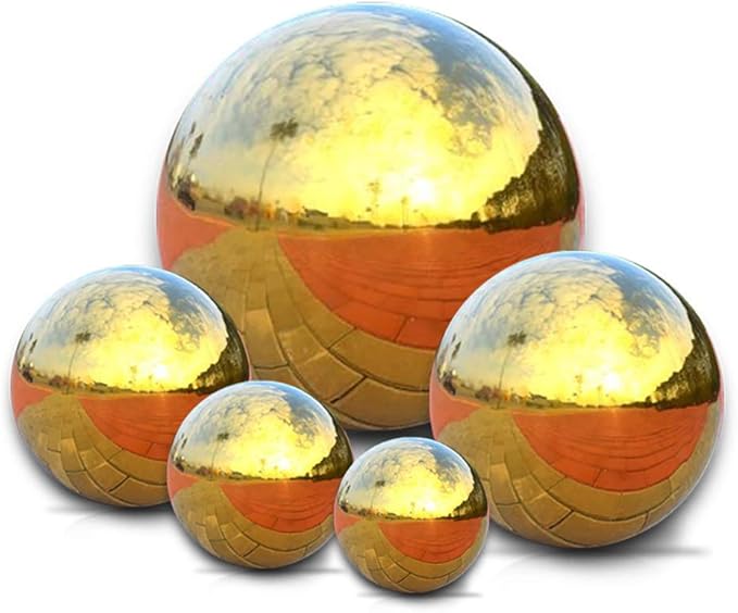 Nerien Gazing Ball, Stainless Steel Garden Mirror Globe, Polished Ornament Sphere, Hollow Floating Reflective Hemisphere, for Home Outdoor Pond Housewarming Swimming Pool Decoration, Gold, 5Pcs Mix