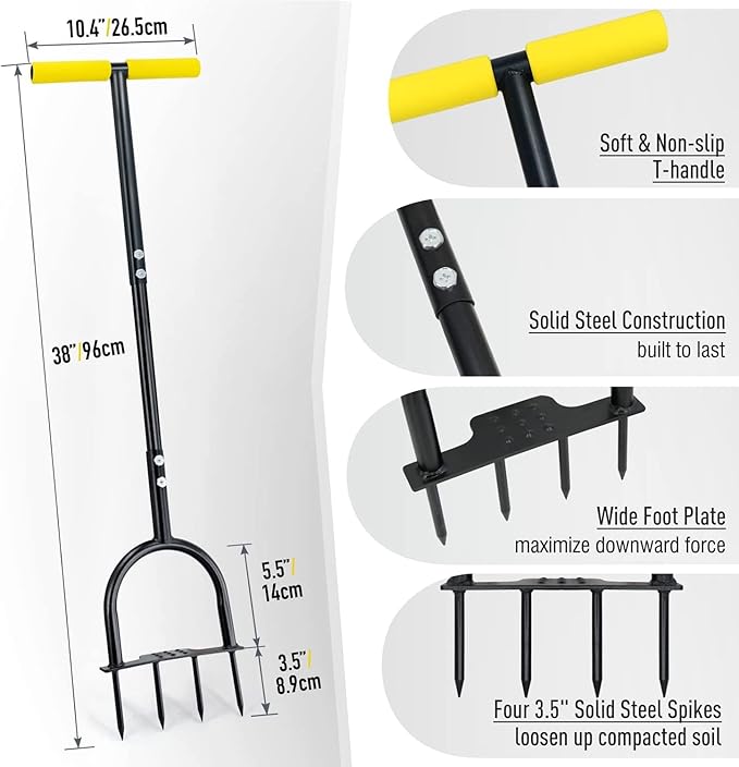 Colwelt Spike Lawn Aerator, Manual Aerator for Compacted Soils and Lawns, Non-Slip T-Handle Spike Aeration with Four 3.5-Inch Solid Steel Spikes, 38-Inch