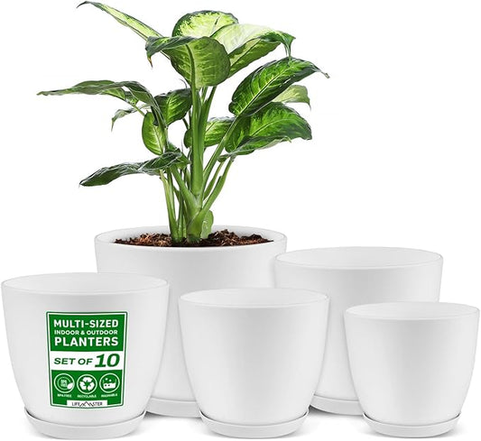 Eco Friendly Plant Pot Set - 10-Pack Home Decor Flower Indoor and Outdoor Plastic Pots with Drainage Holes, Assorted Sizes (7", 6.6", 6", 5.3", 4.8") - Stackable Garden Versatile Planters