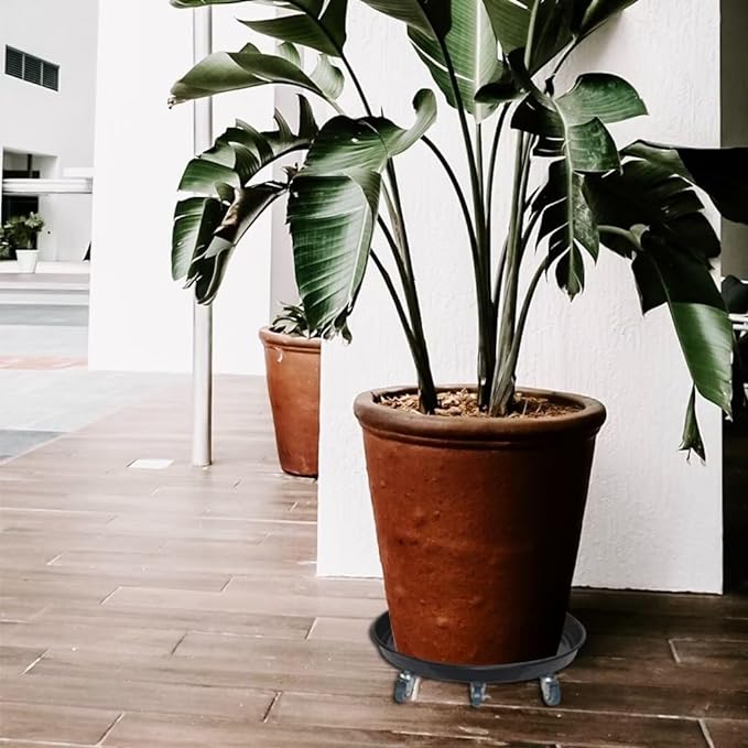 Round Plant Stand with Lockable Wheels, Heavy Duty for Indoor Outdoor, Large Rolling Dolly Planter Caddy on Casters to Carry Potted Flower Pot, Round Metal Tray NO Holes, Black