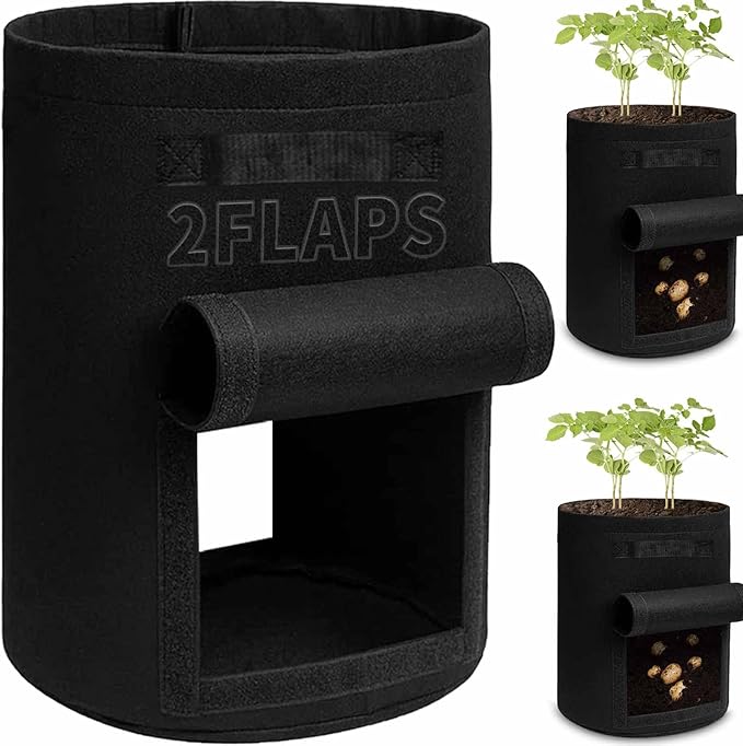 TCBWFY 2 Pack Potato Grow Bags with 2 Flaps 15 Gallon,Heavy Duty 14oz/yd² Planter Pot with Sturdy Handles and 2 Harvest Windows for Potato Tomato and Vegetables