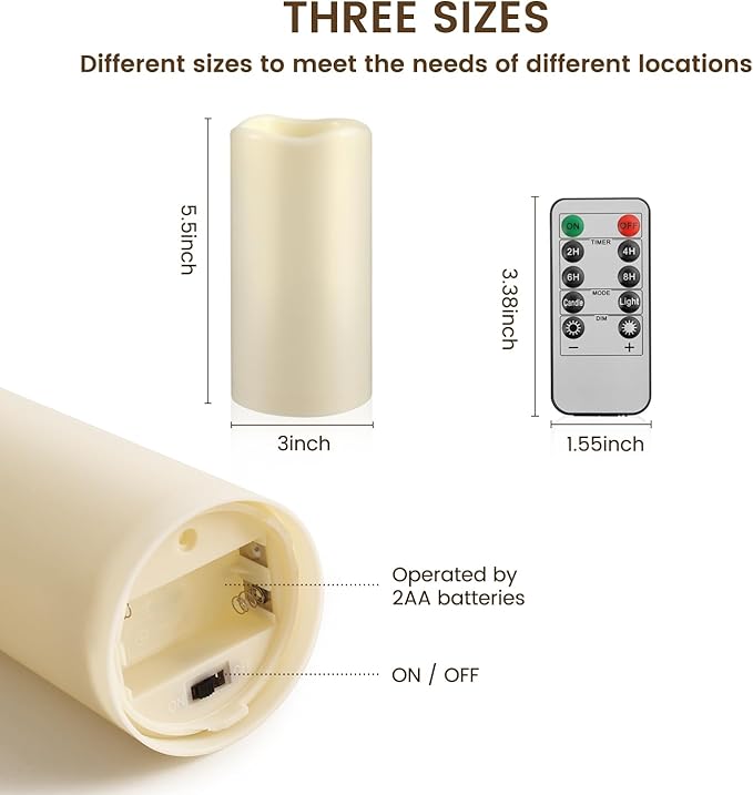 Waterproof Flameless Remote Control Candles 12PACK（D3''*H5.5''） Battery Operated Flickering LED Pillar Candle，plastic with 10-Key 24Hours Timer for Outdoor/Indoor Party Garden Lanterns Porch Ivory