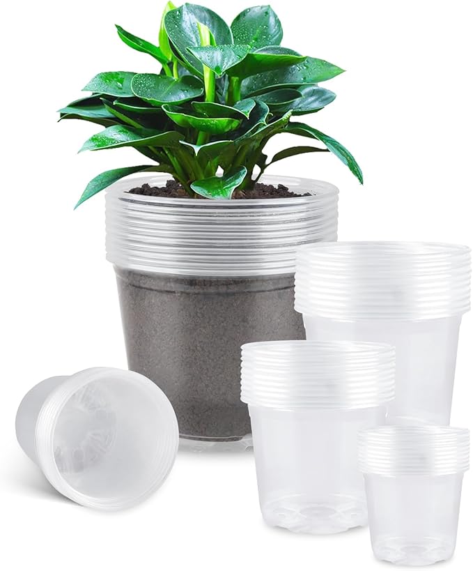 RAOOKIF 50 Pack Clear Nursery Pots Variety Pack, 7/6/5/4/3.5 Inch Clear Nursery Pot for Plants, Plastic Plant Pots with Drainage Holes, Garden Pots for Flower Seedling, Cuttings, Transplanting