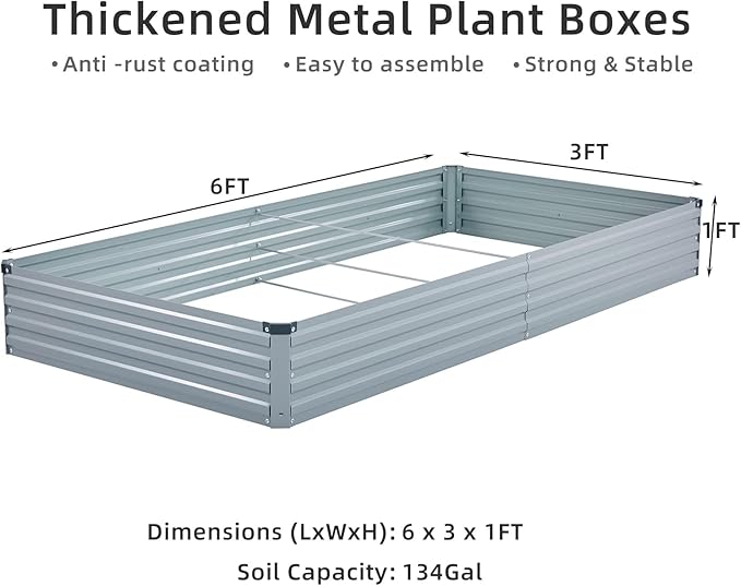 2 Pack 6x3x1FT Galvanized Raised Garden Beds Kit Outdoor Metal Gardening Planter Box for Vegetable Elevated Flower Herbs,Gray