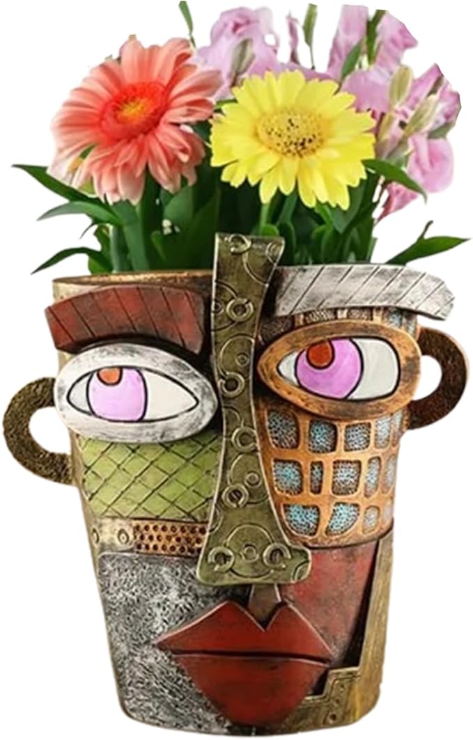 TOZLU Picasso Brutalist Abstract Beauty Face Flower Pot Ornaments Abstract Face Flower Pots Abstract Head Planter Pots Container Colorful Face Art Abstract Resin Flower Pot (Retro Big)