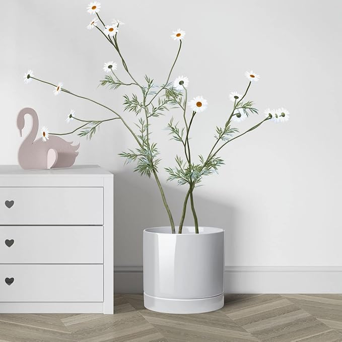 Aveyas 10 inch Ceramic Plant Pot with Drainage Hole and Saucer - Suitable for Indoor and Outdoor Use, Modern Planters for House Garden Flower Tree Snake Monstera Plants (10", Glossy White)