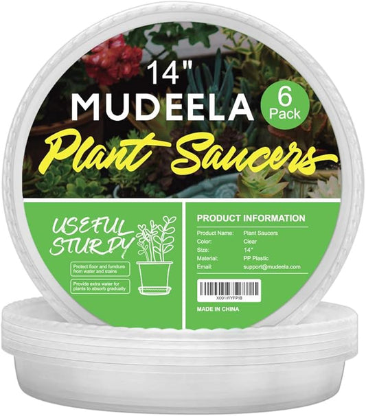 MUDEELA 6 Pack of 14 inch Plant Saucer, Durable Plastic Plant Trays for Indoors, Clear Plastic Flower Plant Pot Saucer, Made of Thicker, Stronger Plastic, with Taller Design(14" - 6 Pack)