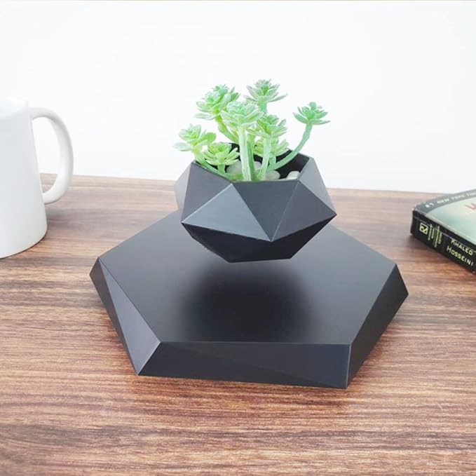 Magnetic Levitating Flower Pot Air Bonsai Black Hexagon Suspension Floating Plant Pot 360 Degree Rotation Pot Home and Office Desk Decor