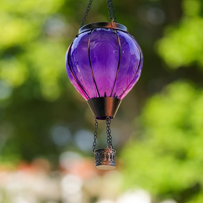 Starsoul Purple Hot Air Balloon Solar Lantern with Flickering Flame Light Glass Solar Powered Hot Air Balloon Lamp Waterproof Hanging Hot Air Balloon Led Lights