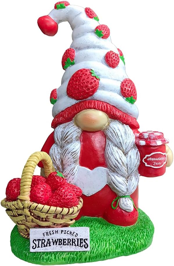Spring & Summer-Themed Garden Statues – Adorable Outdoor Decor for Lawn, Patio & Porch (Charming Homestead Strawberry Gnome Garden Statue, 9.5" Farmhouse Style Unique Fruit Home Decor)