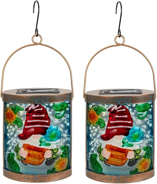 2 Pack Gnome Hanging Solar Lantern Decorative Glass LED Solar Lanterns Outdoor Waterproof for Garden Yard Patio