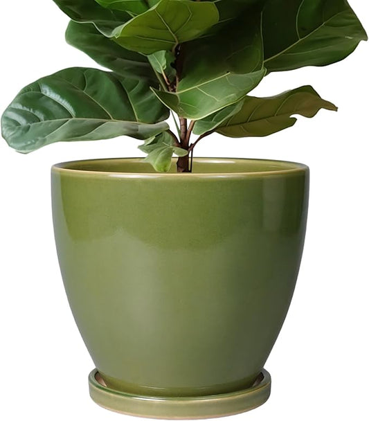 Ceramic Pots for Plants - 10 Inch Planter for Indoor Ourdoor Plants Modern Large Flower Pot with Drainage Hole and Saucer Room Home Office Garden Patio Porch Decor Green