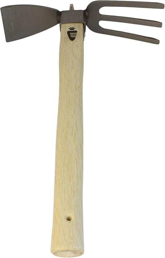 Carrot Design Stainless Japanese Style Garden Hoe and Cultivator Dual Headed Weeding Tool - 3 Prongs Combo Garden Tools with Wood Handle