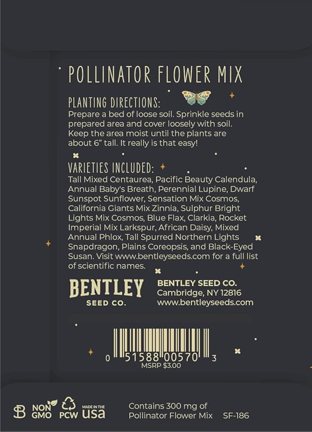 Bentley Pollinator Wildflower Mix, 25 Non-GMO Non-Coated Packets for Garden Planting, Help Butterflies and Pollinators, Beautiful Gift