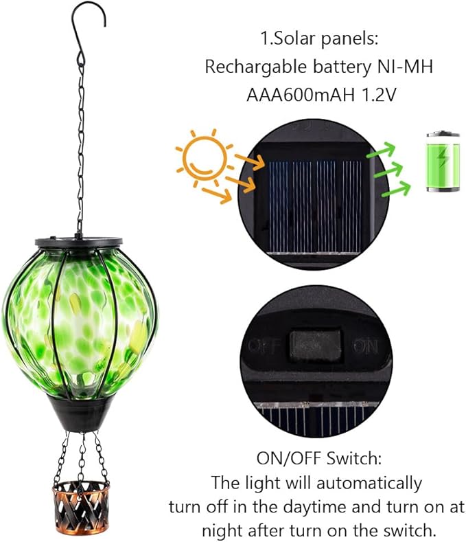 Solar Hot Air Balloon Lantern with Flame Flickering,Glass Hot Air Balloon Solar Lantern Outdoor Waterproof Hanging Outdoor Light for Patio Yard Garden Decor,Mother Day Gifts for Women(Green)