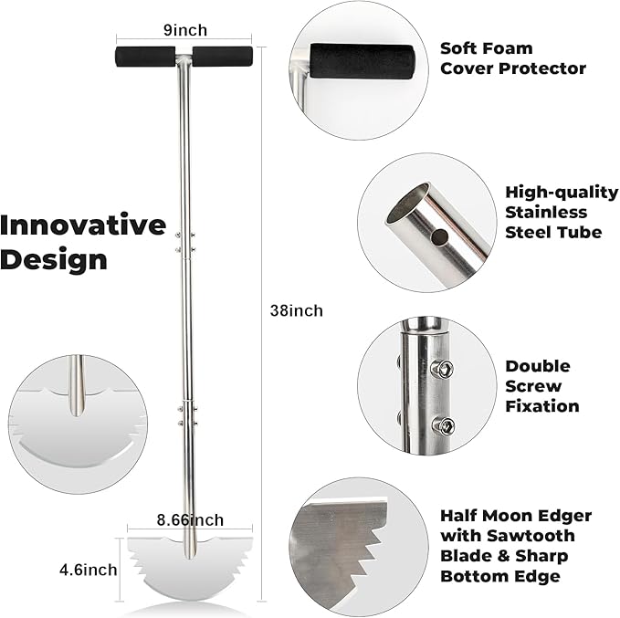 Half Moon Hand Edger Lawn Tool, Manuel Edgers with T-Grip Handle for Landscaping, Sharp Saw-Tooth Hand Lawn Edging Tool for Yard, Garden, Landscaping, Sidewalk, Cable Burying, 38 in
