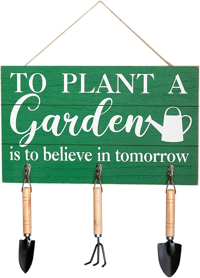 COLLECTIVE HOME - Garden Decor with Tools, Inspirational Wood Hanging Signs, Garden Tools Set - 3 Piece, Out Door Decor with Hooks, to Plant a Garden is to Believe in Tomorrow, 15.75"x9.5" (Green-2)