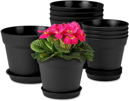 homenote Plant Pots,6/7.5 Inch Flower Pots for Plants Plastic Planters for Indoor with Multiple Drainage Holes and Trays, for All Home Garden Flowers Succulents,Outdoor(Black,10 Pack)