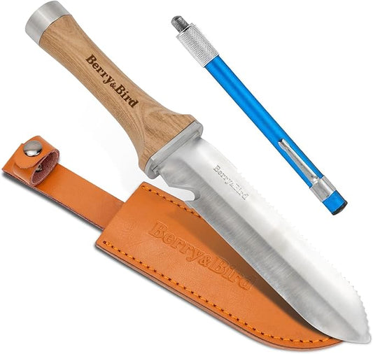 Berry&Bird Hori Hori Garden Knife, Multipurpose Gardening Knife with 7" Stainless Steel Double Edge Sharp Blade, Soil Knife with Leather Sheath, Full-Tang Gardening Tools for Gardening Weeding Digging