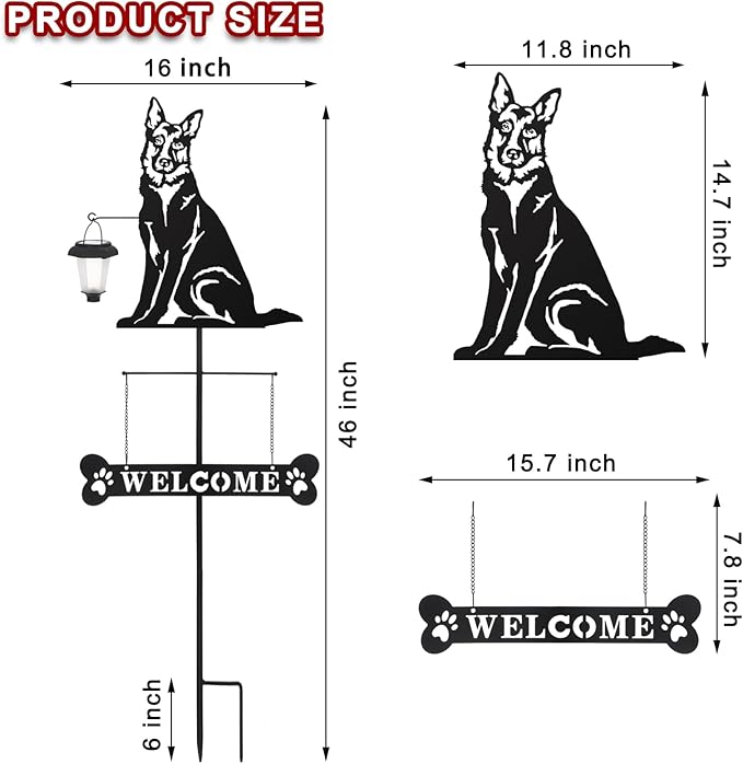 BAYN Solar German Shepherd Silhouette Dog Breed Welcome Sign with a Lantern Outdoor Decorative Garden Stakes for Yard, Lawn, Patio, Pathway