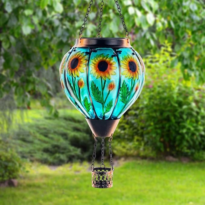 Starsoul Sunflower Hot Air Balloon Solar Lantern - Glass Outdoor Flickering Flame Light, Waterproof Hanging Lamp for Garden, Patio, Yard, Party Decor