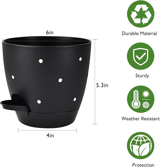 6 Inch Orchid Pots with Holes, 2 Pack Self Watering Planters for Orchids Plastic Orchid Pot Plant Flower Pots for Orchids Indoor Outdoor (Black)
