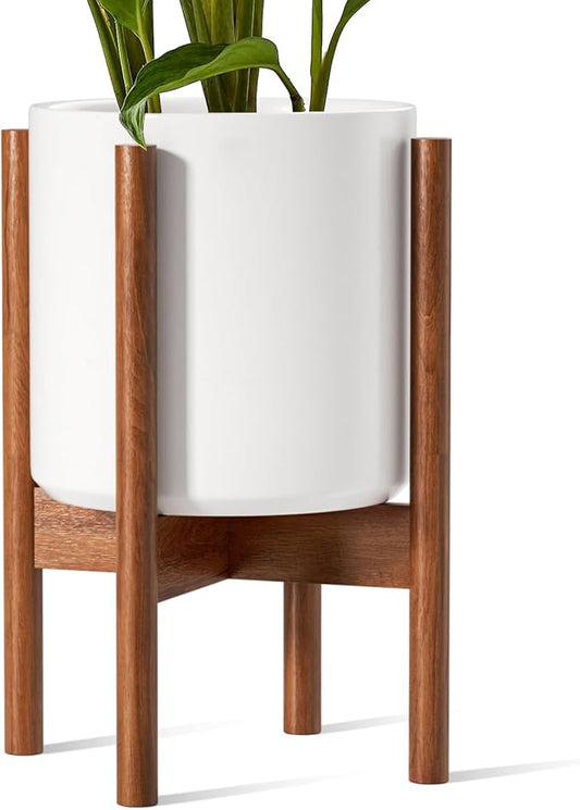 LE TAUCI 12 Inch Plant Pot with Acacia Wood Stand, Large Ceramic Planter for Indoor Plants, Mid-Century Modern Home Decor, Round Flower Pot with Drainage Hole and Adjustable Plant Stand, White