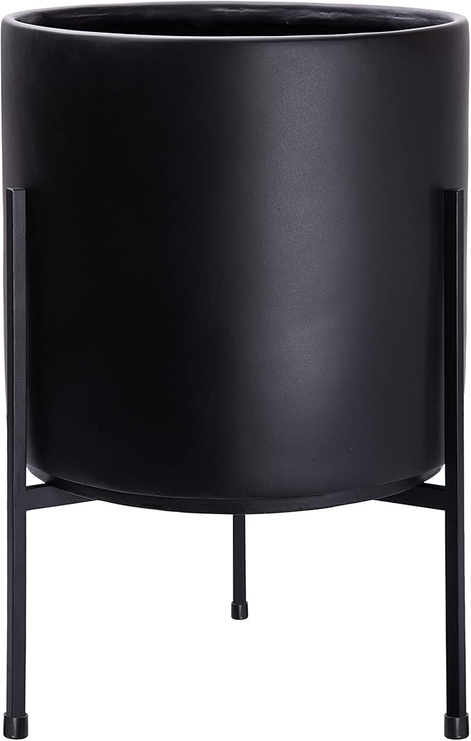 D'vine Dev Modern Black Plants Pot Cylinder Planter with Heavy Duty Stand, Large 12 Inch Pot, 17.6 Inch with Stand Height, 96-T-B-3