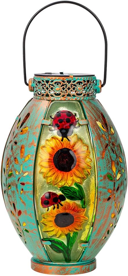 Sunflower Solar Lanterns Outdoor Waterproof,Hanging Solar Lantern,Sunflower Lanterns Decorative Outdoor,Glass & Metal Solar Lights for Tabletop Patio Porch Decor