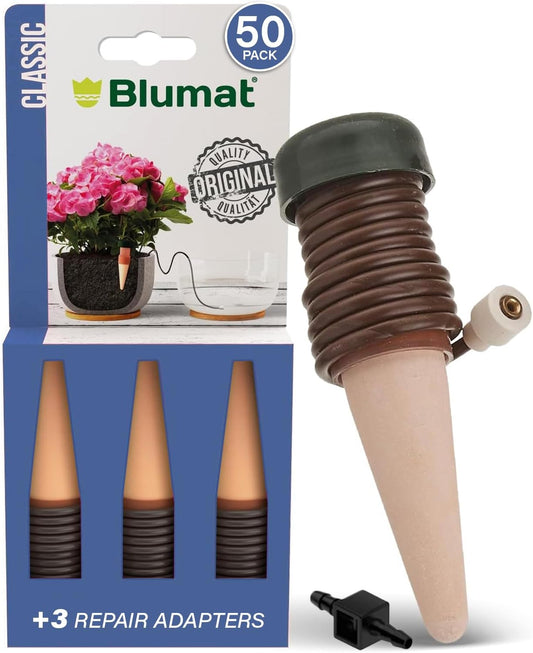 Blumat Classic Plant Watering Stakes with Adapters - Self Watering Planter Insert for Pots - Automatic Plant Waterer & Plant Accessories (50 Pack)