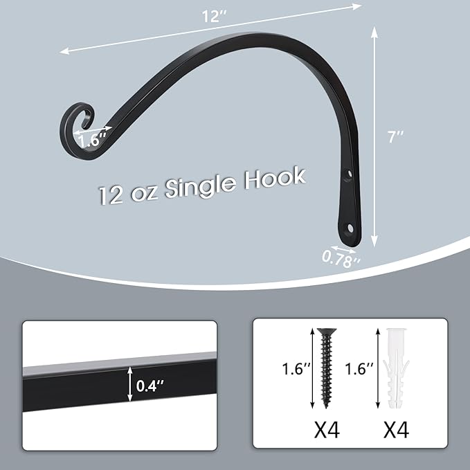 Gtongoko 2 Pack 12 Inch Plant Hangers Outdoor Metal Hanging Plant Bracket Bird Feeder Plant Hooks for Hanging Flower Basket, Wind Chimes, Solar Lanterns, Black