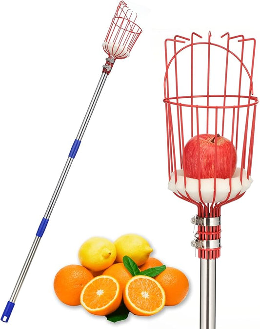 Fruit Picker, 8 FT Fruit Picker Pole with Large Basket, Length Adjustable Gardening Tools, Picking Peaches, Mango, Apple, Orange, Fruit Catcher for Trees with Metal Long Handle, Extra Carrying Bag